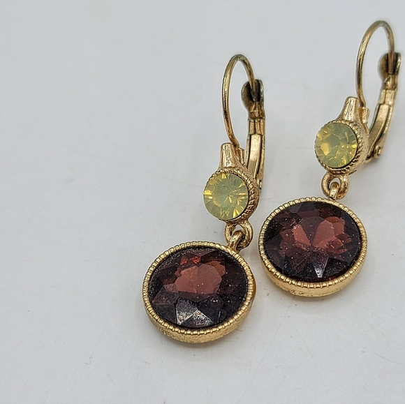 Gold Tone Dangle Earrings Garnet Red & Yellow Rhinestone Bezel Leverback Vintage - Picture 2 of 8